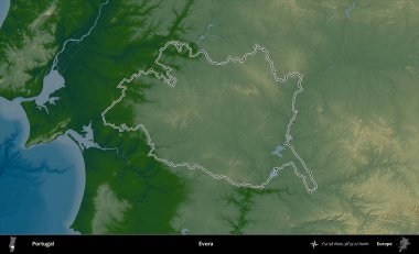 Evora. Portekiz 'in idari alanı renkli bir yükseklik haritasında özetlenmiştir