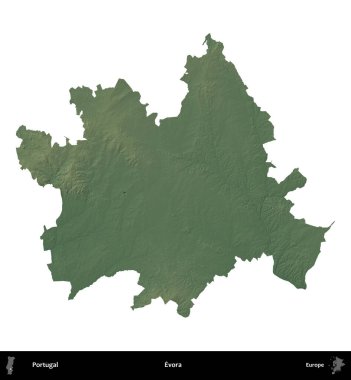 Evora. Portekiz 'in idari bölgesi renkli bir yükseklik haritasında beyaz üzerine izole edilmiş