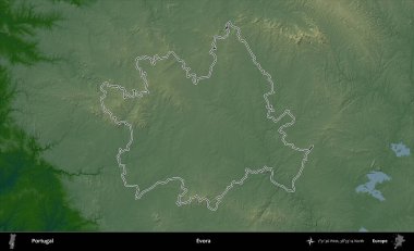 Evora. Portekiz 'in idari alanı renkli bir yükseklik haritasında özetlenmiştir