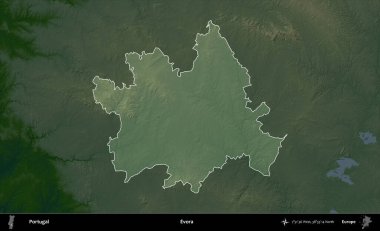 Evora. Portekiz 'in idari alanı koyu renkli bir yükseklik haritasına vurgulanmış ve özetlenmiştir