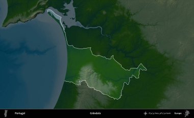 Grandola. Portekiz 'in idari alanı koyu renkli bir yükseklik haritasına vurgulanmış ve özetlenmiştir