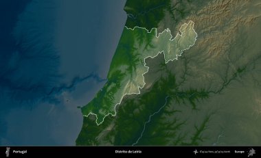 Leiria dağılımı. Portekiz 'in idari alanı koyu renkli bir yükseklik haritasına vurgulanmış ve özetlenmiştir