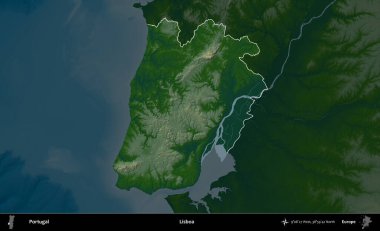 Lisboa. Portekiz 'in idari alanı koyu renkli bir yükseklik haritasına vurgulanmış ve özetlenmiştir