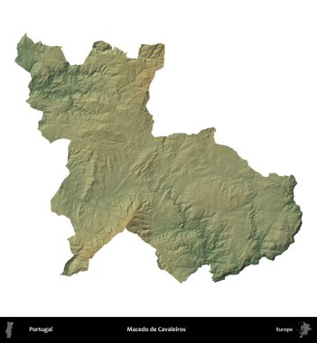 Macedo de Cavaleiros. Portekiz 'in idari bölgesi renkli bir yükseklik haritasında beyaz üzerine izole edilmiş
