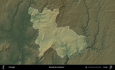 Macedo de Cavaleiros. Portekiz 'in idari alanı koyu renkli bir yükseklik haritasına vurgulanmış ve özetlenmiştir