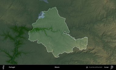 Moura. Portekiz 'in idari alanı koyu renkli bir yükseklik haritasına vurgulanmış ve özetlenmiştir