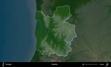 Odemira. Portekiz 'in idari alanı koyu renkli bir yükseklik haritasına vurgulanmış ve özetlenmiştir