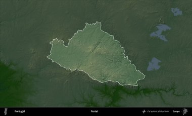 Portel. Portekiz 'in idari alanı koyu renkli bir yükseklik haritasına vurgulanmış ve özetlenmiştir
