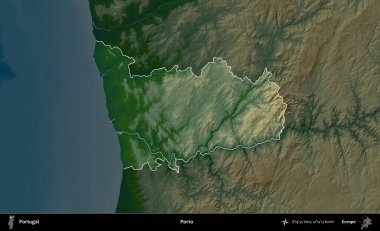 Porto. Portekiz 'in idari alanı koyu renkli bir yükseklik haritasına vurgulanmış ve özetlenmiştir
