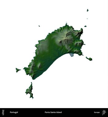 Porto Santo Adası. Portekiz 'in idari bölgesi renkli bir yükseklik haritasında beyaz üzerine izole edilmiş