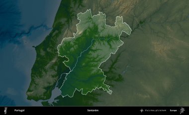 Santarem. Portekiz 'in idari alanı koyu renkli bir yükseklik haritasına vurgulanmış ve özetlenmiştir