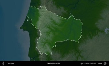 Santiago Cacem 'i yap. Portekiz 'in idari alanı koyu renkli bir yükseklik haritasına vurgulanmış ve özetlenmiştir