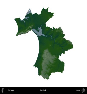 Setubal. Portekiz 'in idari bölgesi renkli bir yükseklik haritasında beyaz üzerine izole edilmiş