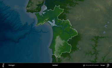 Setubal. Portekiz 'in idari alanı koyu renkli bir yükseklik haritasına vurgulanmış ve özetlenmiştir