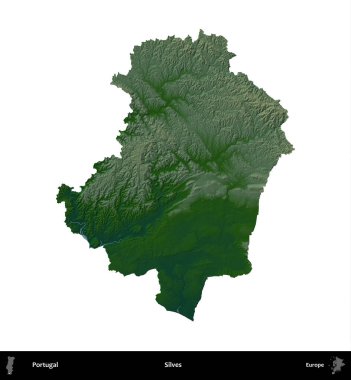 Silves. Portekiz 'in idari bölgesi renkli bir yükseklik haritasında beyaz üzerine izole edilmiş