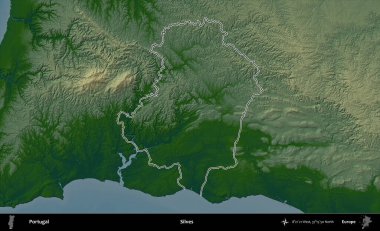 Silves. Portekiz 'in idari alanı renkli bir yükseklik haritasında özetlenmiştir