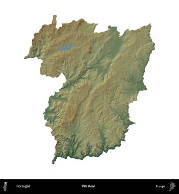 Vila Real. Portekiz 'in idari bölgesi renkli bir yükseklik haritasında beyaz üzerine izole edilmiş