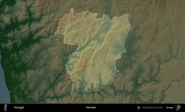 Vila Real. Portekiz 'in idari alanı koyu renkli bir yükseklik haritasına vurgulanmış ve özetlenmiştir