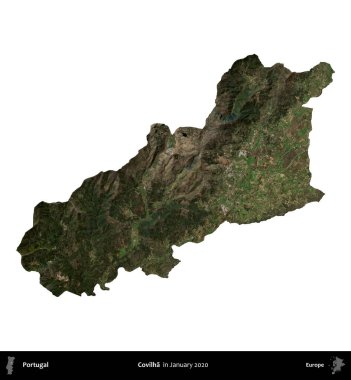 Covilha. Portekiz idari bölgesi, Ocak 2020 'de çekilen Global Mozaik Sentinel-2 karolarından oluşan bir uydu görüntüsü ile beyaza izole edilmiştir.