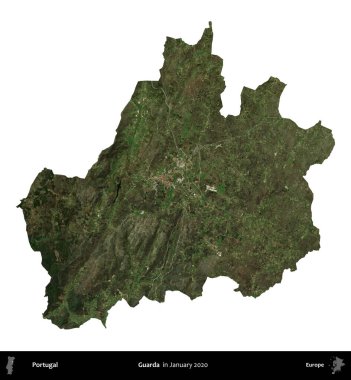 Guarda. Portekiz idari bölgesi, Ocak 2020 'de çekilen Global Mozaik Sentinel-2 karolarından oluşan bir uydu görüntüsü ile beyaza izole edilmiştir.