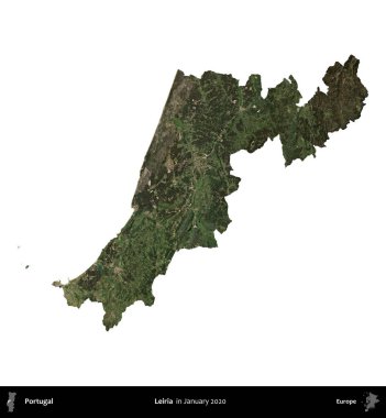 Leiria dağılımı. Portekiz idari bölgesi, Ocak 2020 'de çekilen Global Mozaik Sentinel-2 karolarından oluşan bir uydu görüntüsü ile beyaza izole edilmiştir.