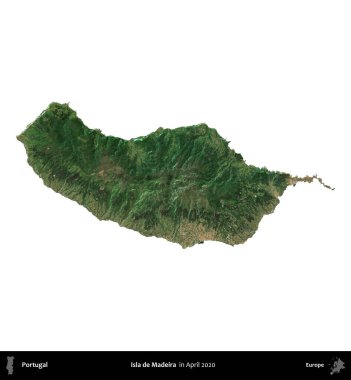 Madeira Adası. Portekiz idari bölgesi, Nisan 2020 'de çekilen Global Mozaik Sentinel-2 karolarından oluşan bir uydu görüntüsü ile beyaza izole edilmiştir.