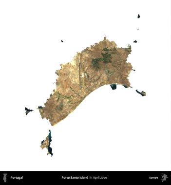 Porto Santo Adası. Portekiz idari bölgesi, Nisan 2020 'de çekilen Global Mozaik Sentinel-2 karolarından oluşan bir uydu görüntüsü ile beyaza izole edilmiştir.