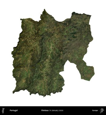 Vimioso. Portekiz idari bölgesi, Ocak 2020 'de çekilen Global Mozaik Sentinel-2 karolarından oluşan bir uydu görüntüsü ile beyaza izole edilmiştir.