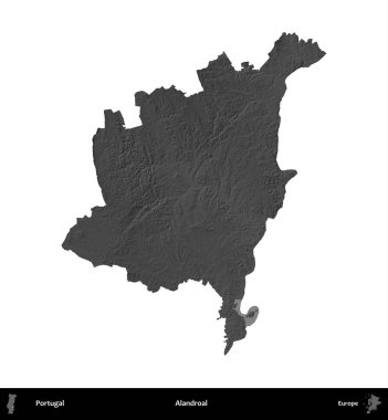 Alandroal. Portekiz 'in idari bölgesi gri ölçekli yükseklik haritasında beyaza izole edildi