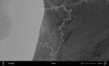 Aveiro. Portekiz 'in idari alanı bir gri ölçekli yükselme haritasında belirtilmiştir