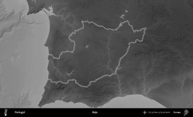 Distrito de Beja. Portekiz 'in idari alanı bir gri ölçekli yükselme haritasında belirtilmiştir