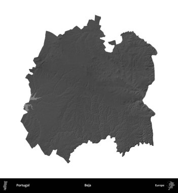 Beja Belediyesi. Portekiz 'in idari bölgesi gri ölçekli yükseklik haritasında beyaza izole edildi