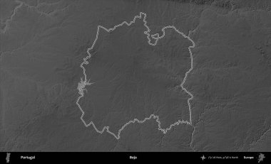 Beja Belediyesi. Portekiz 'in idari alanı bir gri ölçekli yükselme haritasında belirtilmiştir