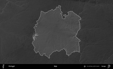 Beja Belediyesi. Portekiz 'in idari alanı koyu gri tonlu yükselme haritasına vurgulanmış ve özetlenmiştir