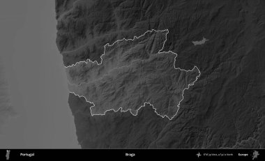 - Braga. Portekiz 'in idari alanı koyu gri tonlu yükselme haritasına vurgulanmış ve özetlenmiştir