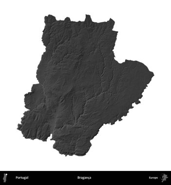 Braganca. Portekiz 'in idari bölgesi gri ölçekli yükseklik haritasında beyaza izole edildi