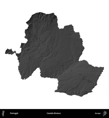 Castelo Branco. Portekiz 'in idari bölgesi gri ölçekli yükseklik haritasında beyaza izole edildi