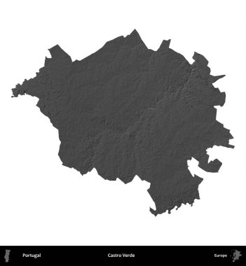 Castro Verde. Portekiz 'in idari bölgesi gri ölçekli yükseklik haritasında beyaza izole edildi