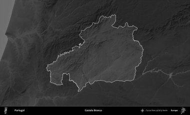 Castelo Branco. Portekiz 'in idari alanı koyu gri tonlu yükselme haritasına vurgulanmış ve özetlenmiştir