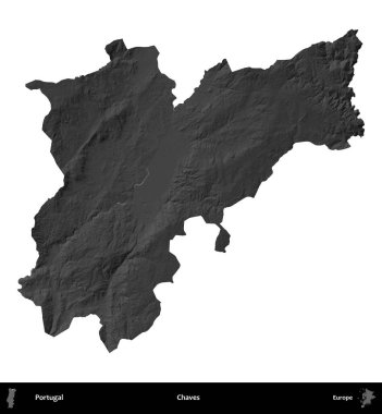 Chaves. Portekiz 'in idari bölgesi gri ölçekli yükseklik haritasında beyaza izole edildi