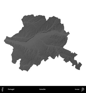 Coruche. Portekiz 'in idari bölgesi gri ölçekli yükseklik haritasında beyaza izole edildi