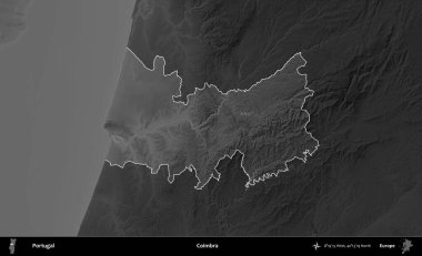 Coimbra. Portekiz 'in idari alanı koyu gri tonlu yükselme haritasına vurgulanmış ve özetlenmiştir
