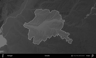 Coruche. Portekiz 'in idari alanı koyu gri tonlu yükselme haritasına vurgulanmış ve özetlenmiştir
