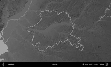 Coruche. Portekiz 'in idari alanı bir gri ölçekli yükselme haritasında belirtilmiştir