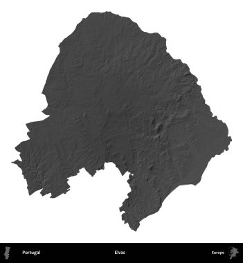 Elvas. Portekiz 'in idari bölgesi gri ölçekli yükseklik haritasında beyaza izole edildi