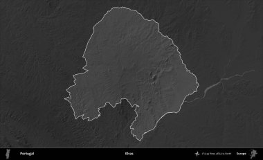Elvas. Portekiz 'in idari alanı koyu gri tonlu yükselme haritasına vurgulanmış ve özetlenmiştir