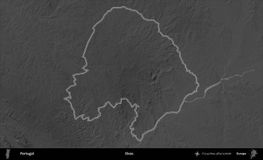 Elvas. Portekiz 'in idari alanı bir gri ölçekli yükselme haritasında belirtilmiştir