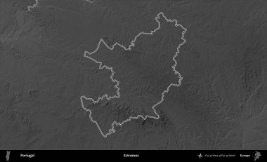 Estremoz. Portekiz 'in idari alanı bir gri ölçekli yükselme haritasında belirtilmiştir