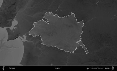 Evora. Portekiz 'in idari alanı koyu gri tonlu yükselme haritasına vurgulanmış ve özetlenmiştir