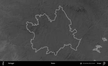 Evora. Portekiz 'in idari alanı bir gri ölçekli yükselme haritasında belirtilmiştir